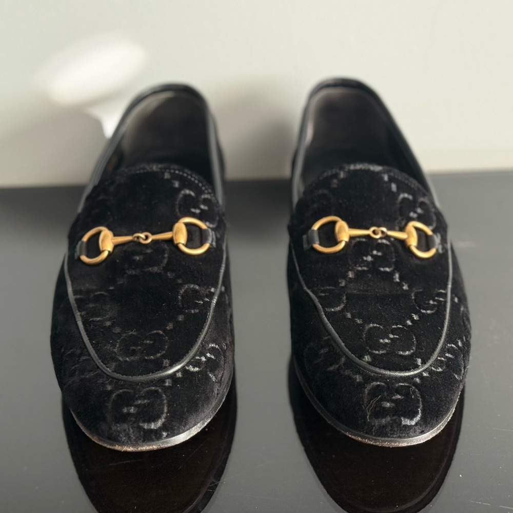 Gucci “Jordaan” Black Velvet GG Loafers